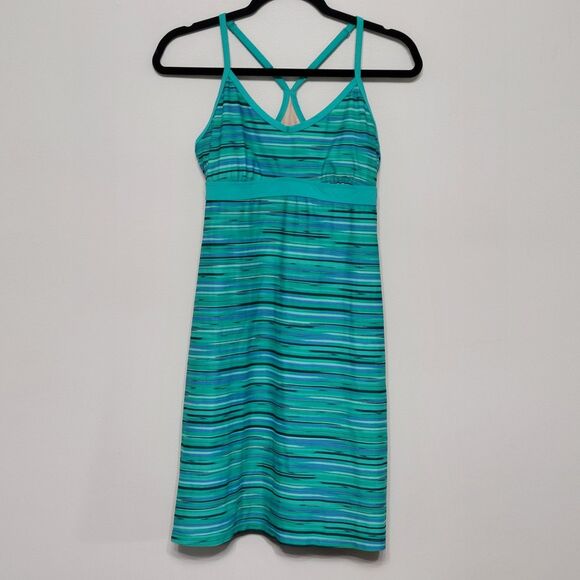 Athleta Shorebreak Dress Small Teal Striped Racerback Activewear Athletic - Picture 1 of 5